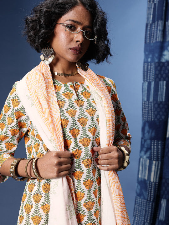 Taavi Bagru Floral Printed Pure Cotton Kurta with Trousers & Dupatta