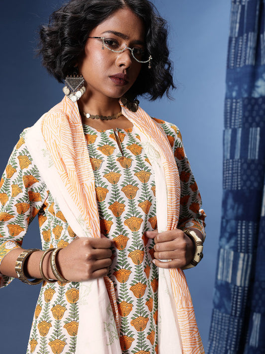 Taavi Bagru Floral Printed Pure Cotton Kurta with Trousers & Dupatta