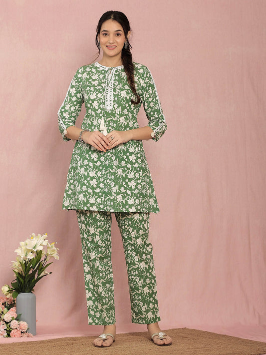 Green Cotton A-line Floral Printed Co-ord (Set of 2)
