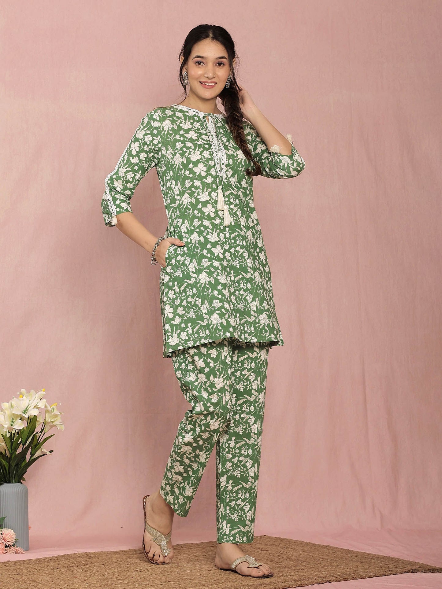 Green Cotton A-line Floral Printed Co-ord (Set of 2)