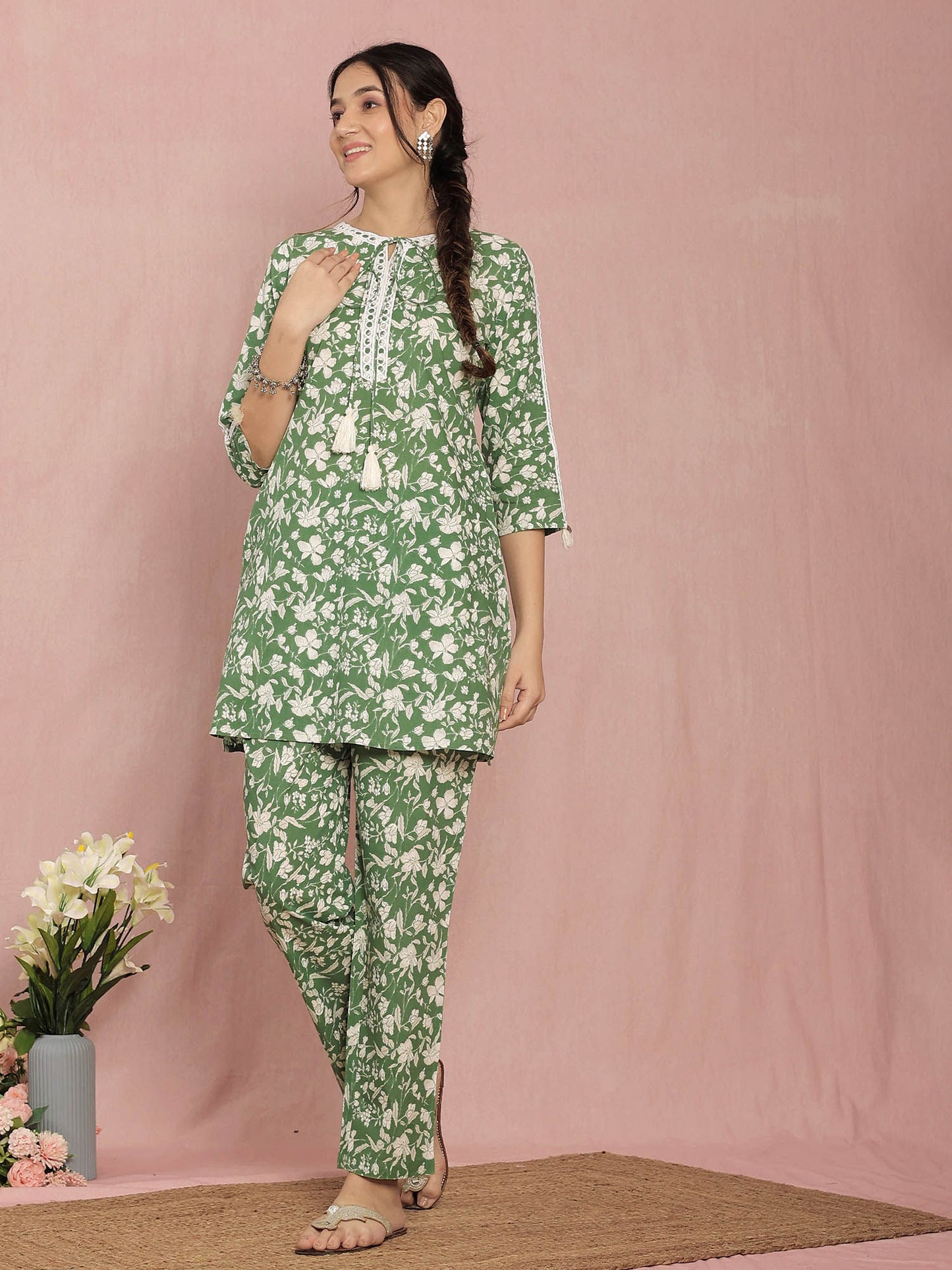 Green Cotton A-line Floral Printed Co-ord (Set of 2)