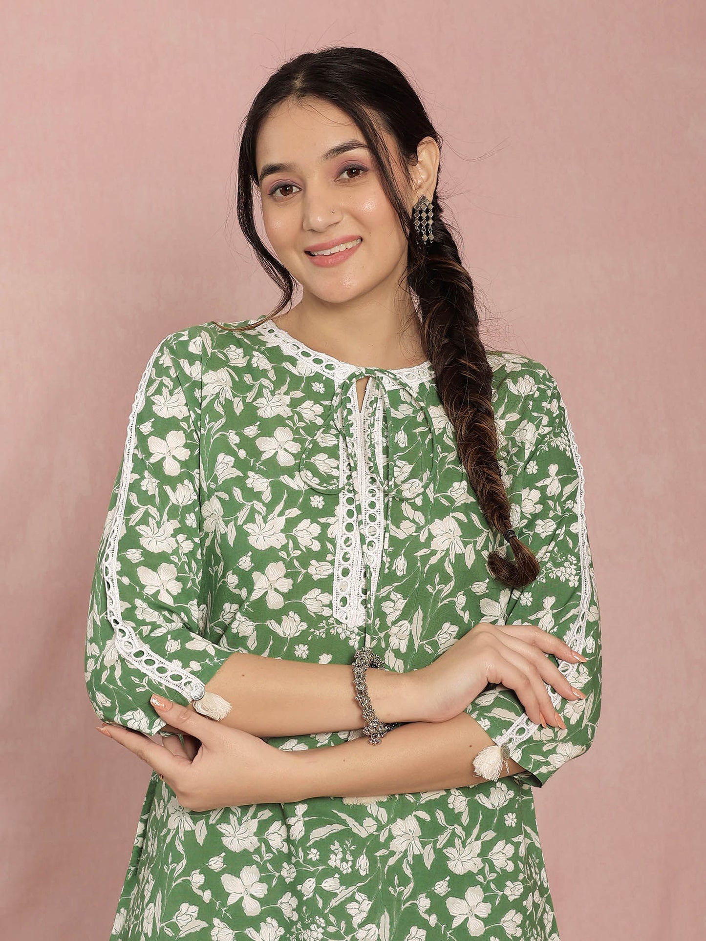 Green Cotton A-line Floral Printed Co-ord (Set of 2)