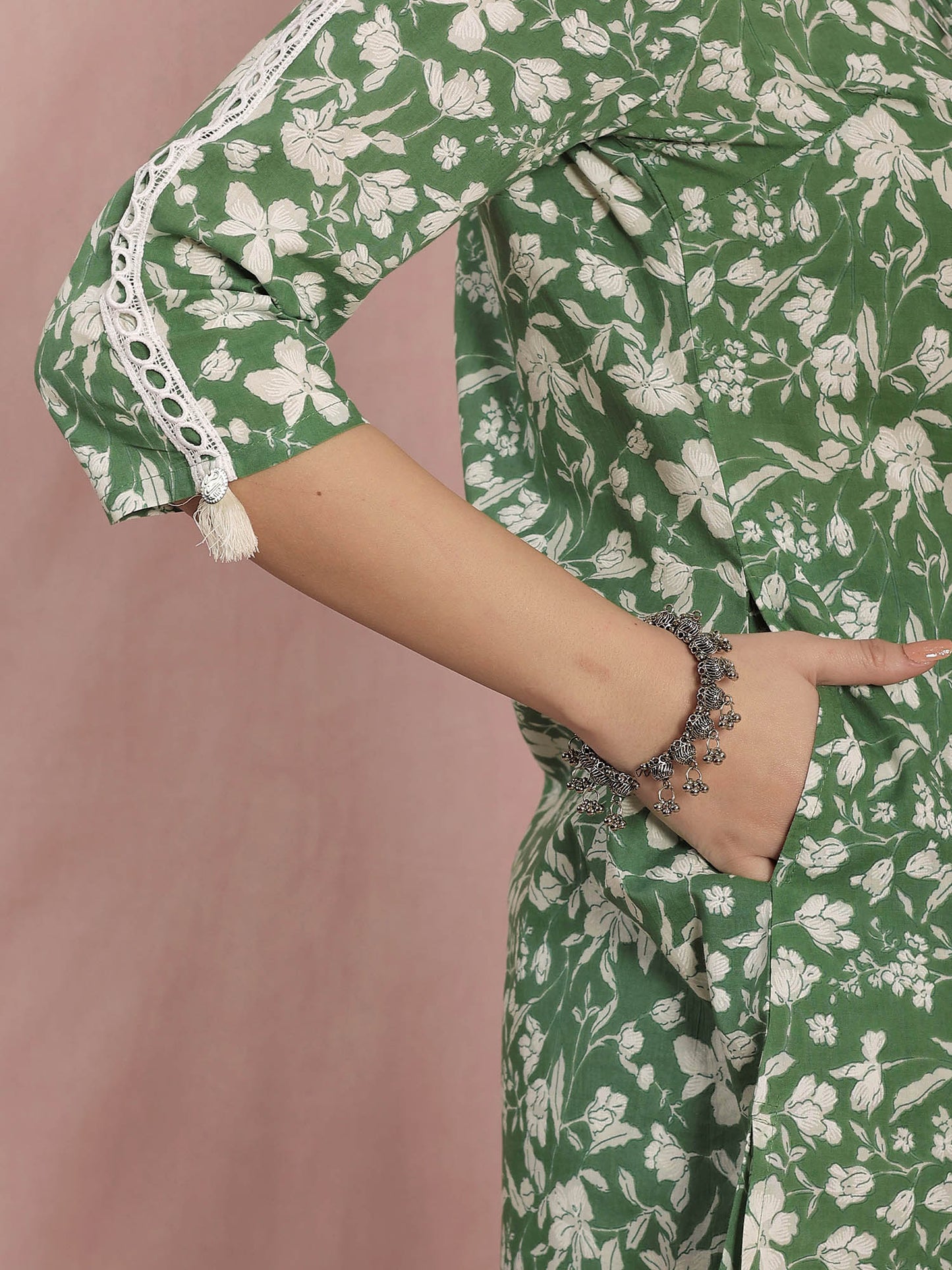 Green Cotton A-line Floral Printed Co-ord (Set of 2)