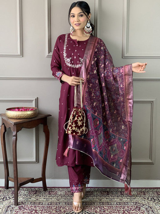 Ethnic Yard Floral Embroidered Pleated Sequinned Straight Kurta With Trouser & Dupatta