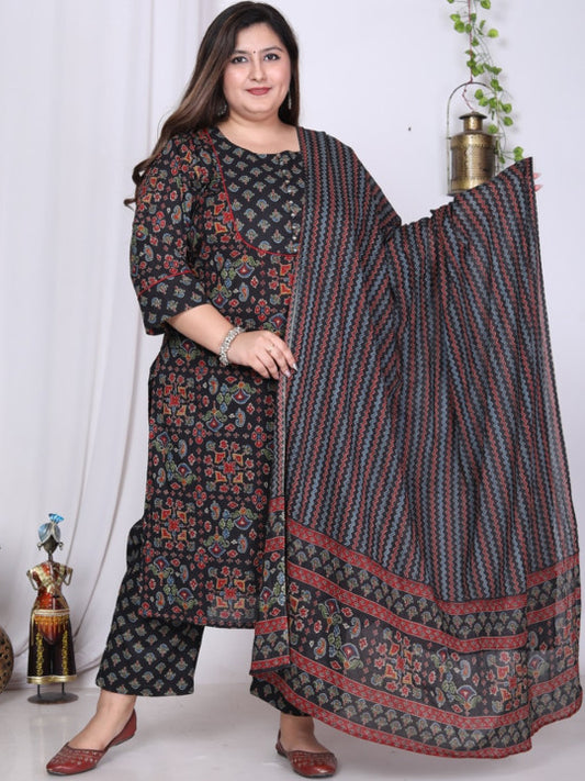 Swasti Plus Size Floral Printed Pure Cotton Kurta With Trousers & Dupatta