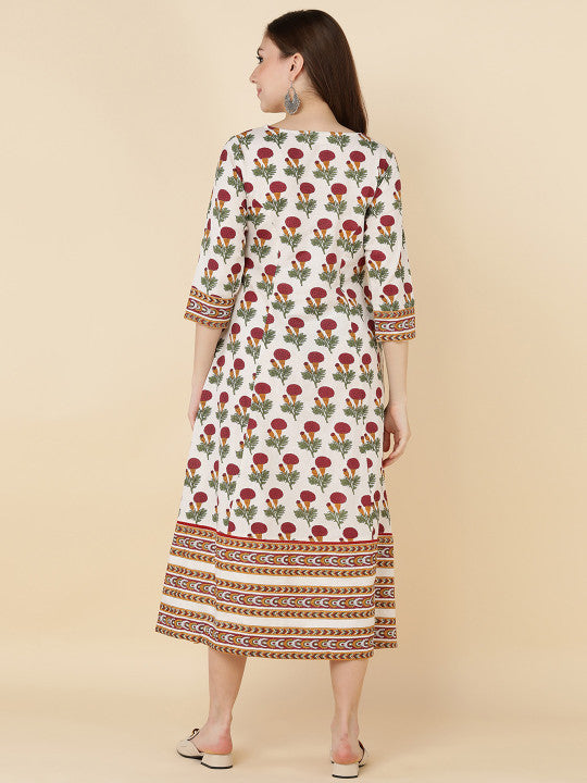 HERE&NOW Women White & Red Ethnic Motifs Ethnic A-Line Midi Ethnic Dress