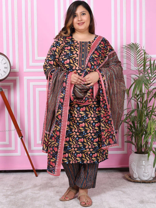 Swasti Plus Size Floral Printed Pure Cotton Straight Kurta with Palazzos & With Dupatta
