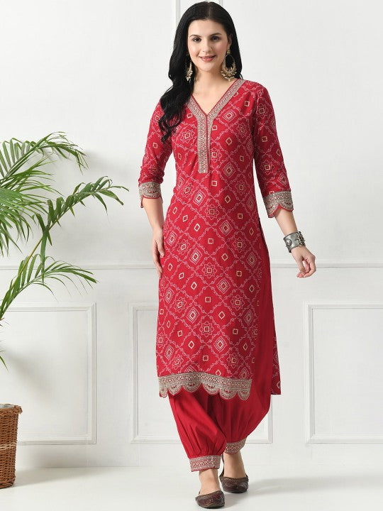 Neck Ethnic Motifs Printed Regular Pure Cotton Straight Kurta Set