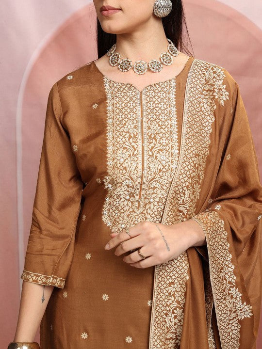 Vishudh Brown Floral Woven Design Pure Cotton Straight Kurta with Trousers & Dupatta