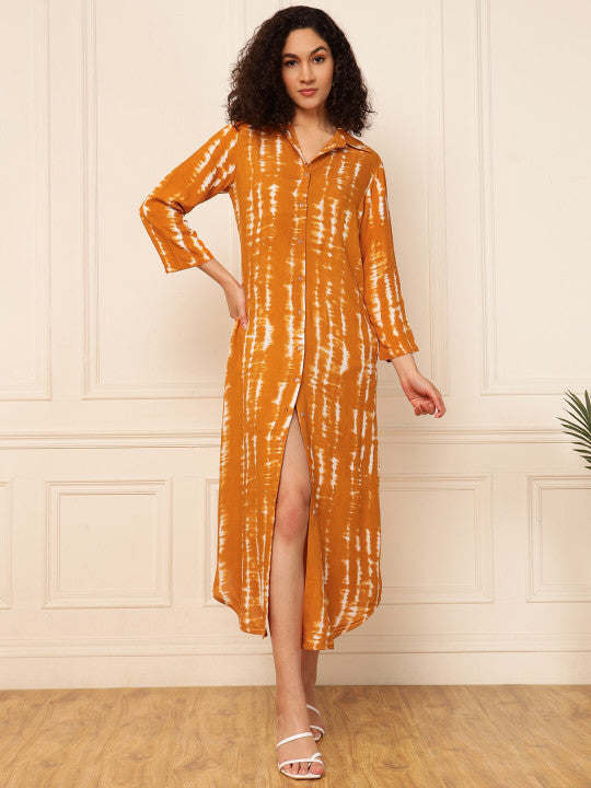 Vibes by Deebaco  Tie and Dye Dyed Shirt Collar Flared A-Line Midi Dress