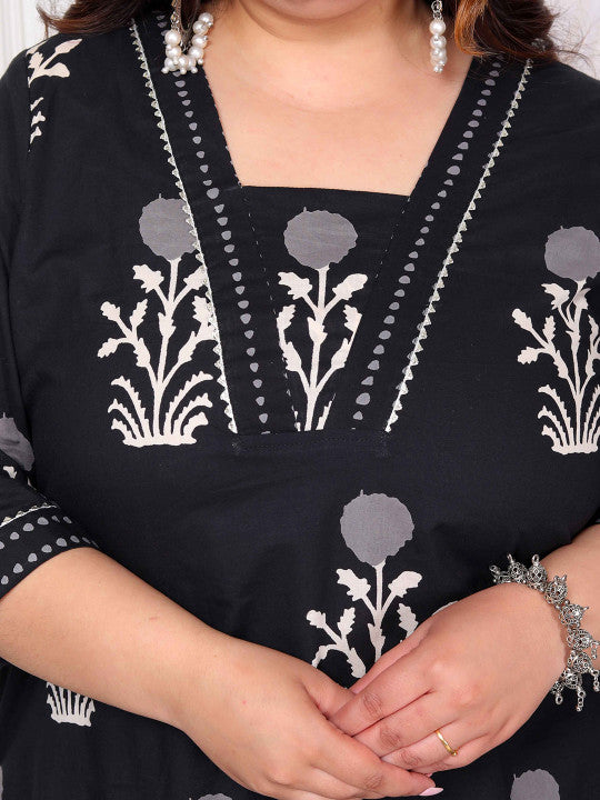 Doriyaan Plus Size Floral Printed V-Neck Pure Cotton Kurta With Trousers And Dupatta