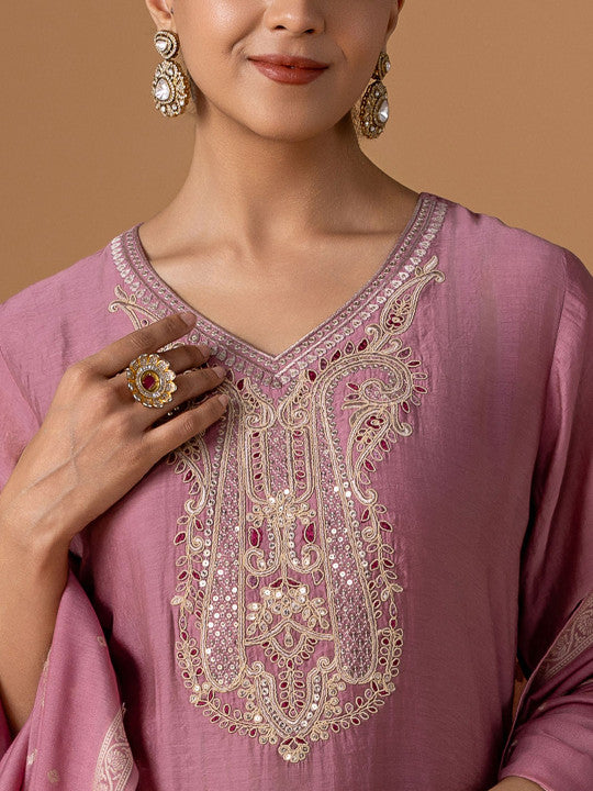 WOMEN PLUS Ethnic Motifs Embroidered Straight Kurta with Trousers & Dupatta