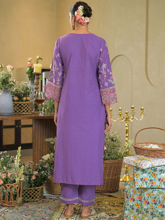AUTUMN LANE Women Floral Embroidered Cotton Kurta with Trousers & Dupatta