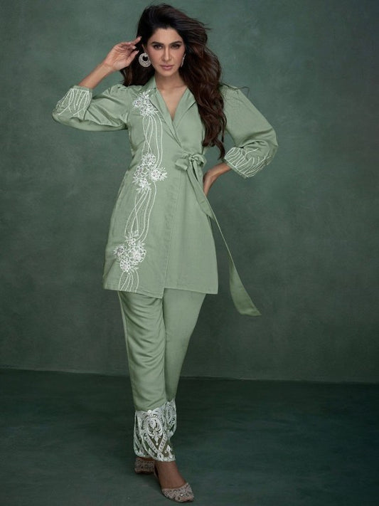 AUTUMN LANE Floral Embroidered Lapel Collar Pure Cotton Tunic With Trousers