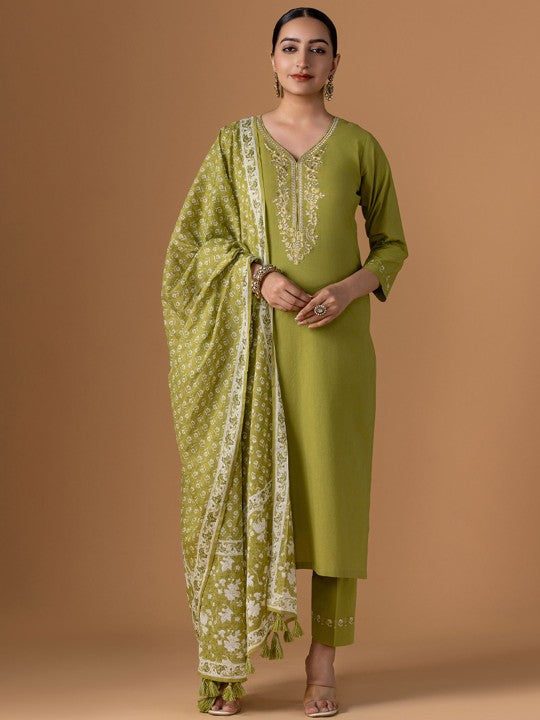 WOMEN PLUS Women Ethnic Motifs Printed Cotton Kurta with Trousers & Dupatta