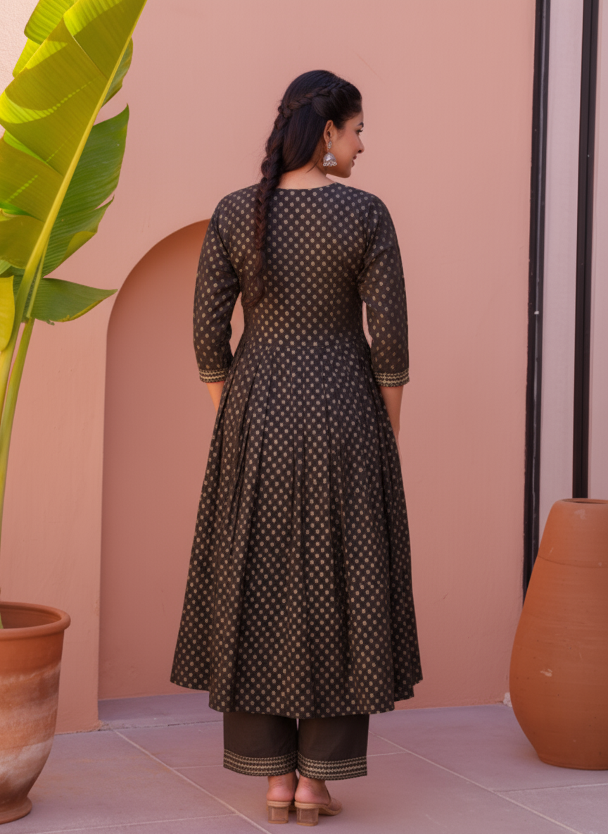 Embroidered Roman silk Gold foil Anarkali Grey Kurta