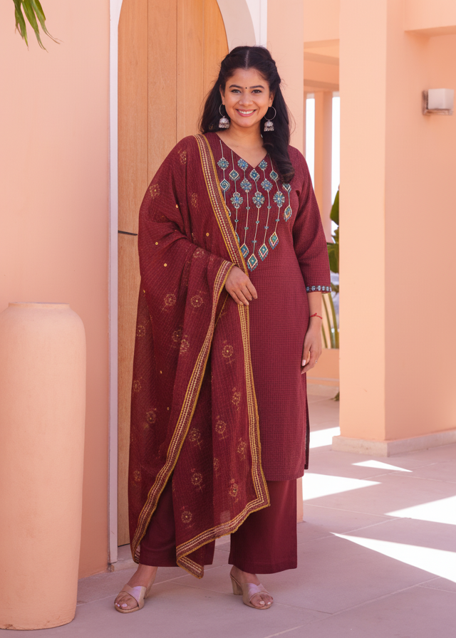 Embroidered Viscose Checked Straight Maroon Kurta