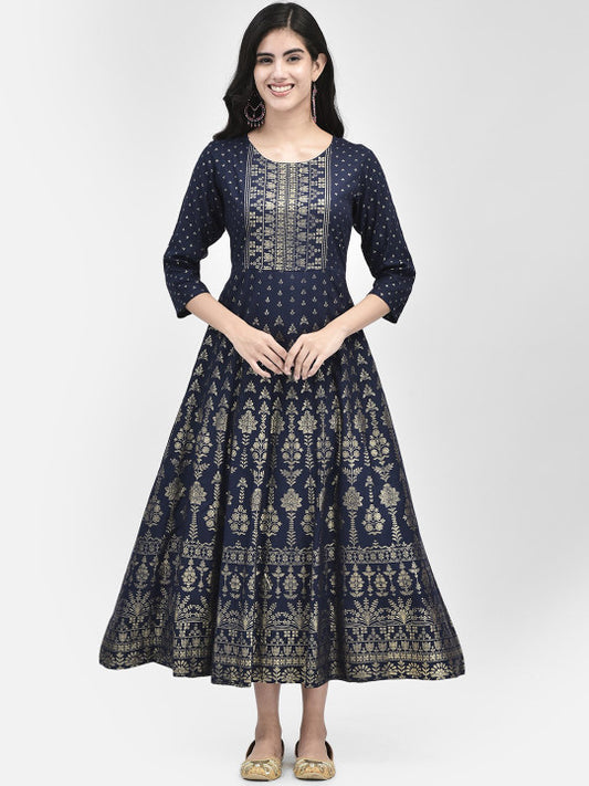 Span Women Ethnic Printed Round Neck Three-quarter Sleeve Maxi Ethnic Dress