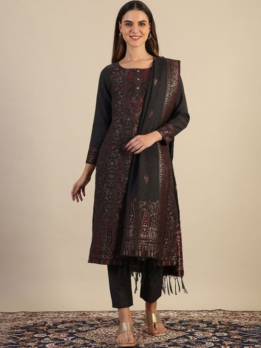 AURELIA Floral Woven Design Round Neck Straight Kurta