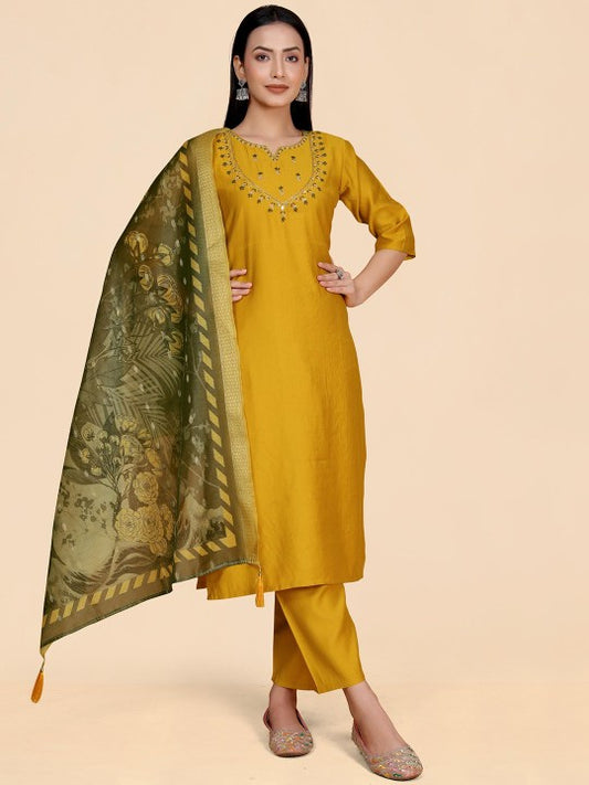 WINE LADY Floral Yoke Design Regular Thread Work Kurta with Trousers & Dupatta