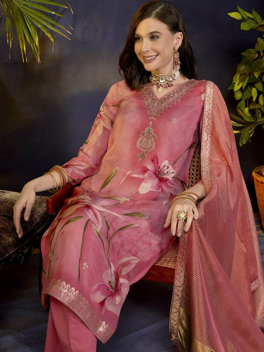 Anouk Peach Floral Printed Jacquard Organza Straight Kurta