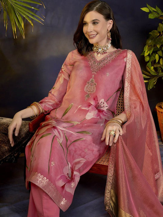 Anouk Peach Floral Printed Jacquard Organza Straight Kurta