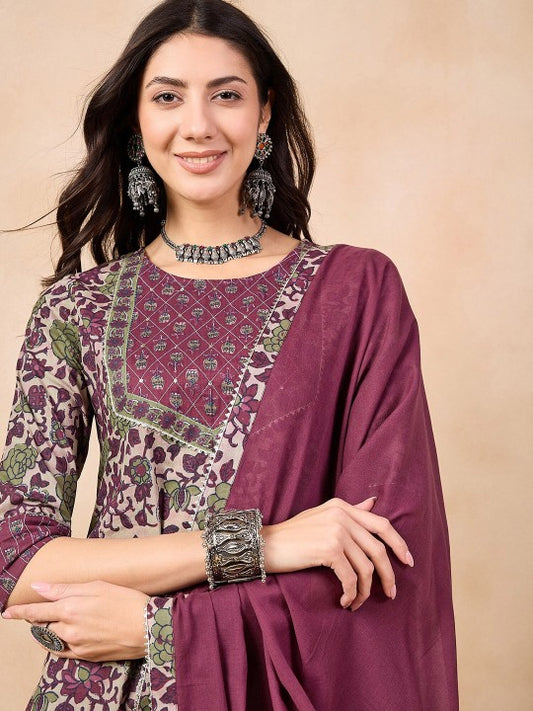 Anouk Floral Printed Regular Pure Cotton Straight Kurta With Trousers & Dupatta