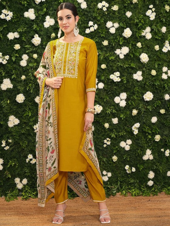 Vishudh Mustard Yellow Floral Yoke Design Thread Work Kurta With Trousers & Dupatta