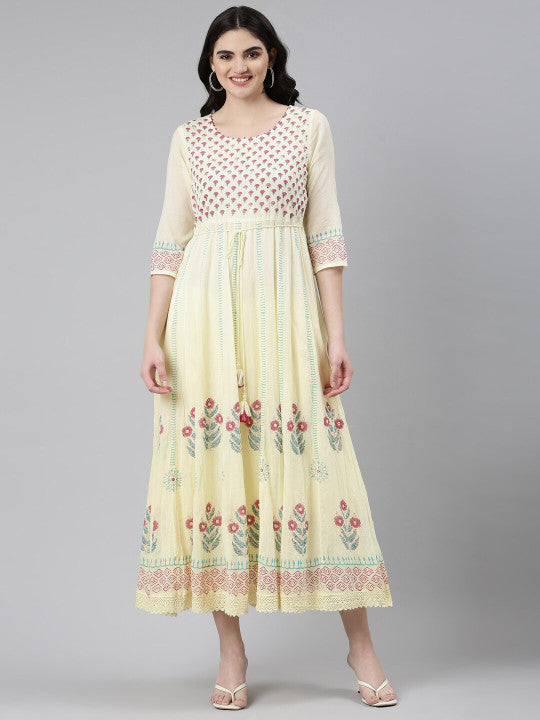Floral Printed Round Neck Three-Quarter Sleeves Cotton Ethnic Dress