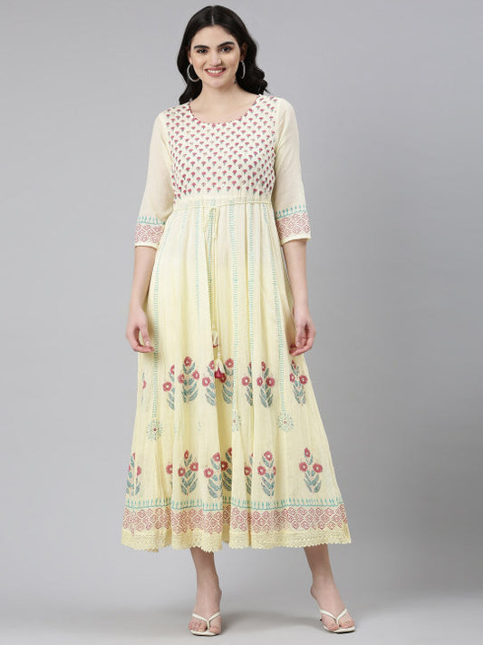 Floral Printed Round Neck Three-Quarter Sleeves Cotton Ethnic Dress