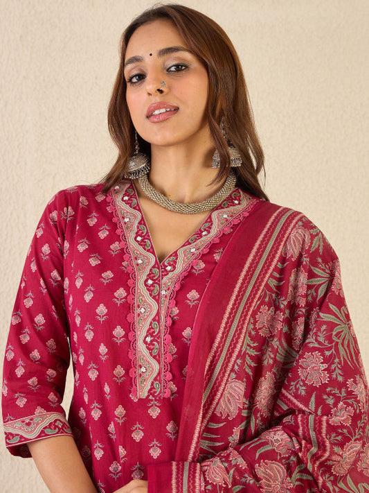 Indo Era Women Floral Printed Regular V-Neck Kurta with Salwar & Dupatta