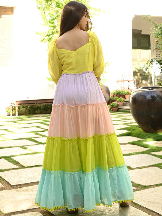 Bunaai Colourblocked Sweetheart Neck Cotton Fit & Flared Dress