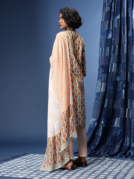 Taavi Bagru Floral Printed Pure Cotton Kurta with Trousers & Dupatta