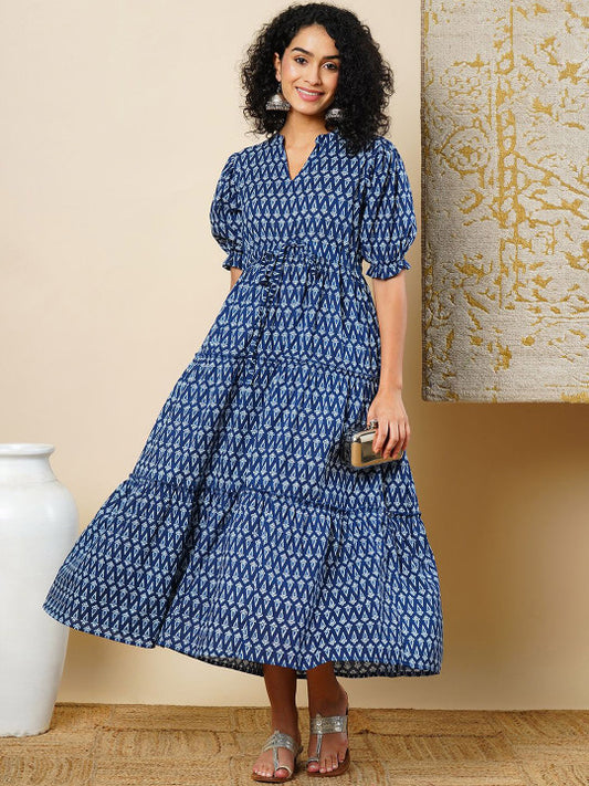 Globus Mandarin Collar Puff Sleeves Ethnic Motifs Tiered Fit & Flare Fusion Maxi Dress