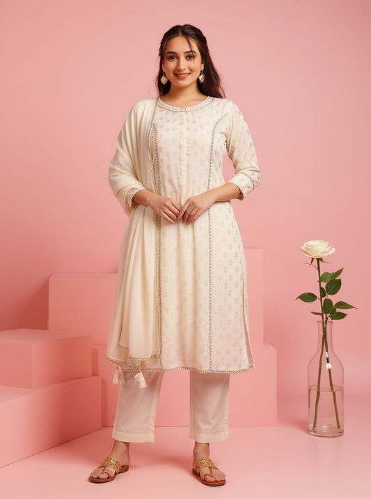 Embroidered Georgette Gold foil Flared Off White Kurta