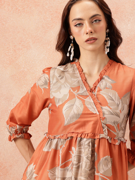 all about you Floral Printed Ruffled Detail Tiered Wrap-Style Midi Fit & Flare Dress