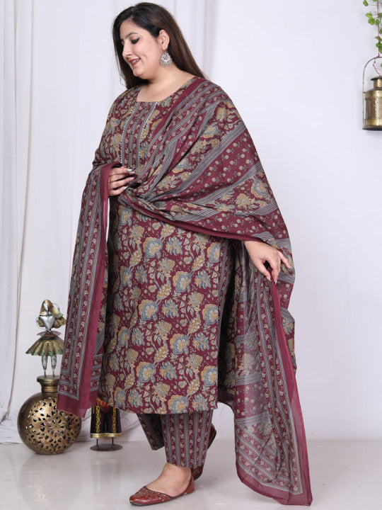 Swasti Floral Printed Regular Sequinned Pure Cotton Kurta with Trousers & Dupatta