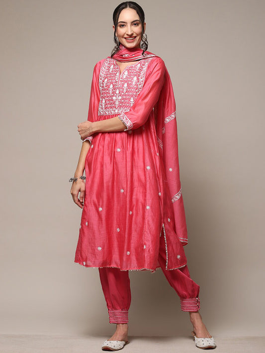 Biba Ethnic Motifs Embroidered Empire Chanderi Silk Kurta With Salwar & Dupatta