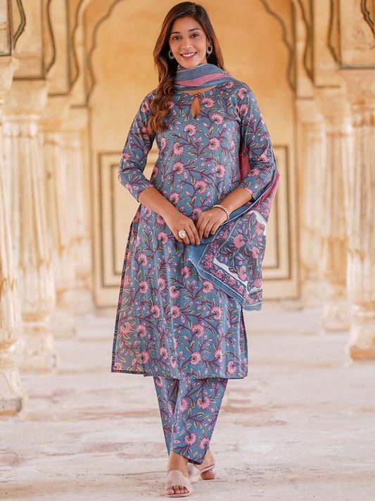 Jaitpuriya Floral Printed Keyhole Neck Pure Cotton Straight Kurta With Trousers & Dupatta