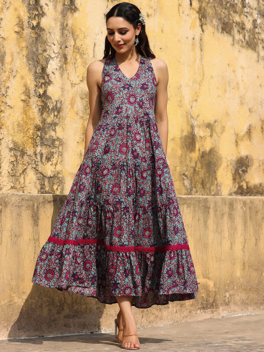 Printed Pure Cotton Flared Sleeveless Dress