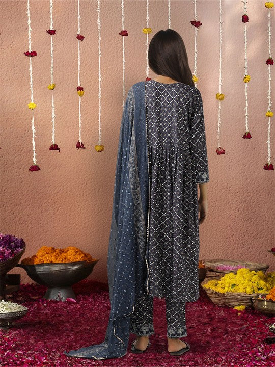 Ishin Embroidered Pleated Kurta & Trousers With Dupatta