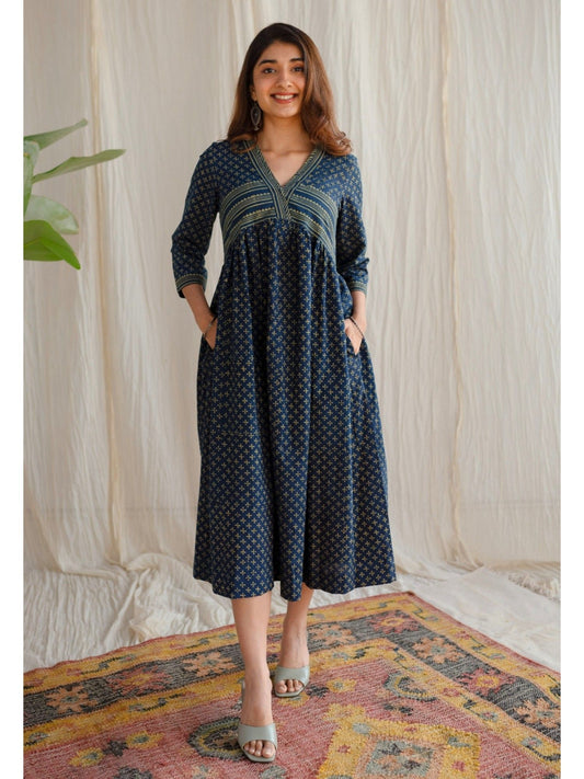 Indigo Ajrakh Cotton Midi Dress