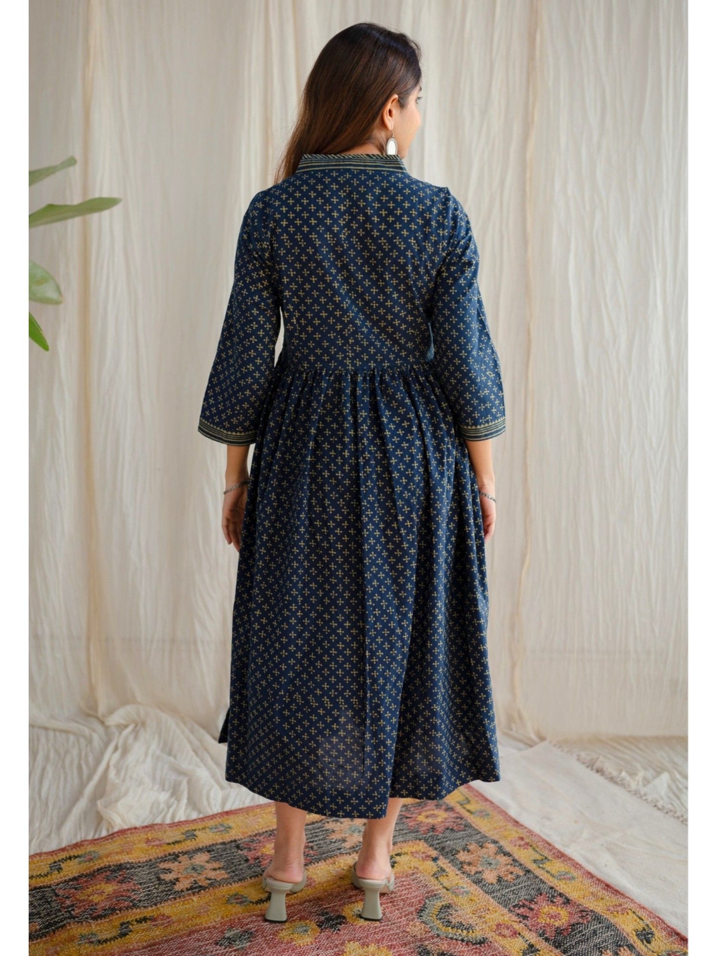 Indigo Ajrakh Cotton Midi Dress