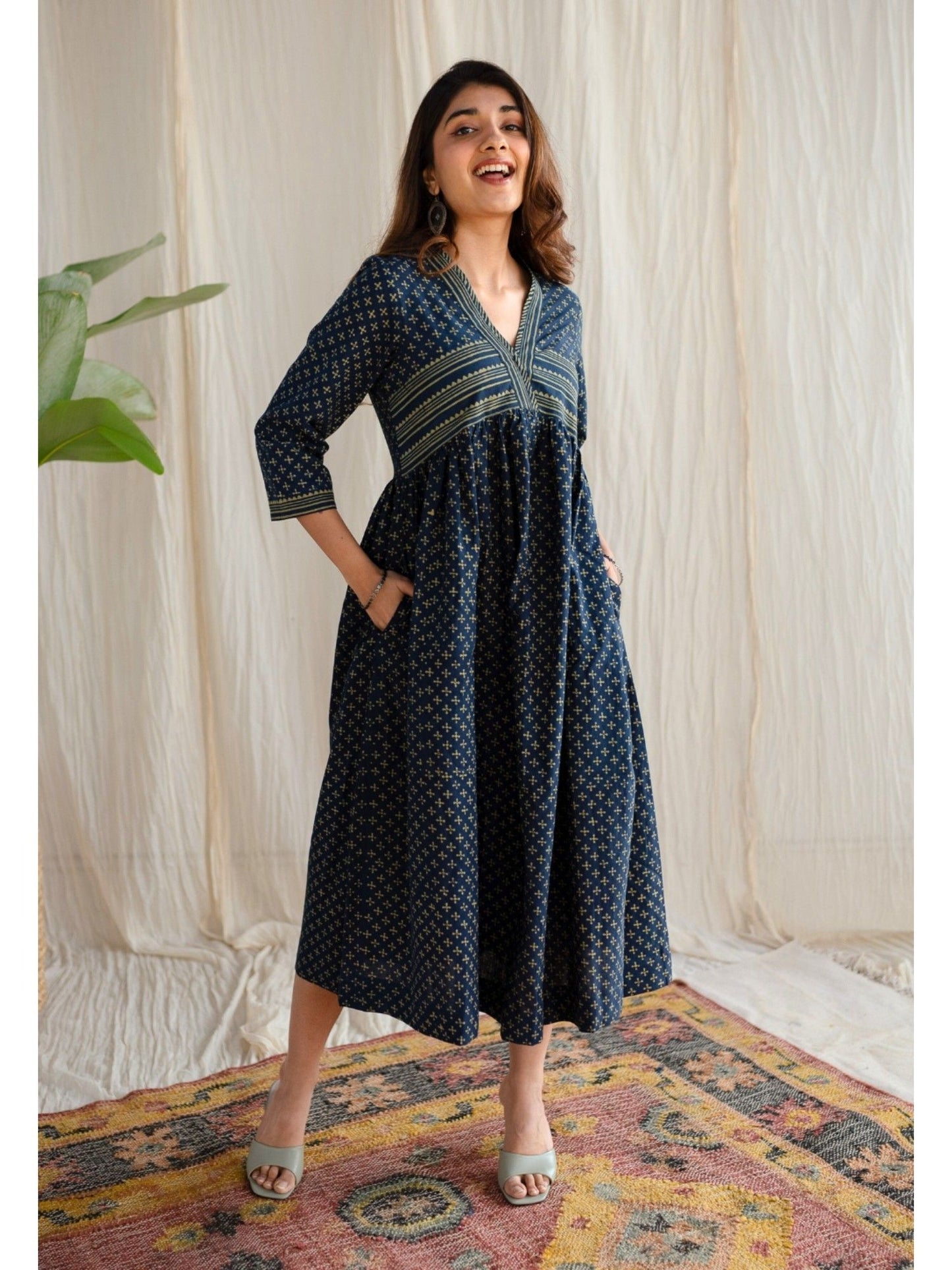 Indigo Ajrakh Cotton Midi Dress