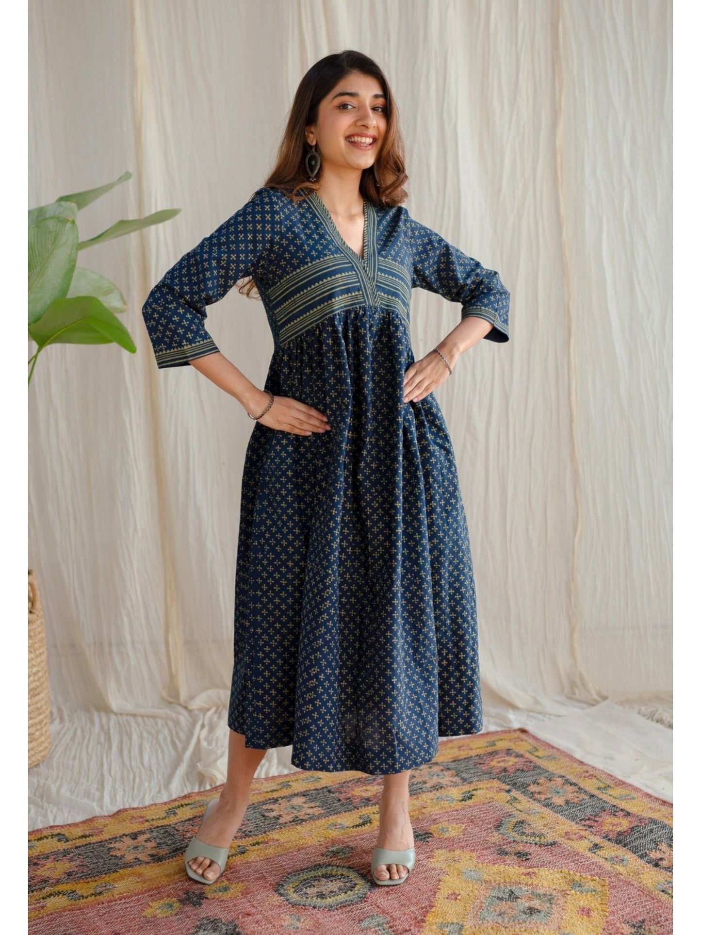 Indigo Ajrakh Cotton Midi Dress