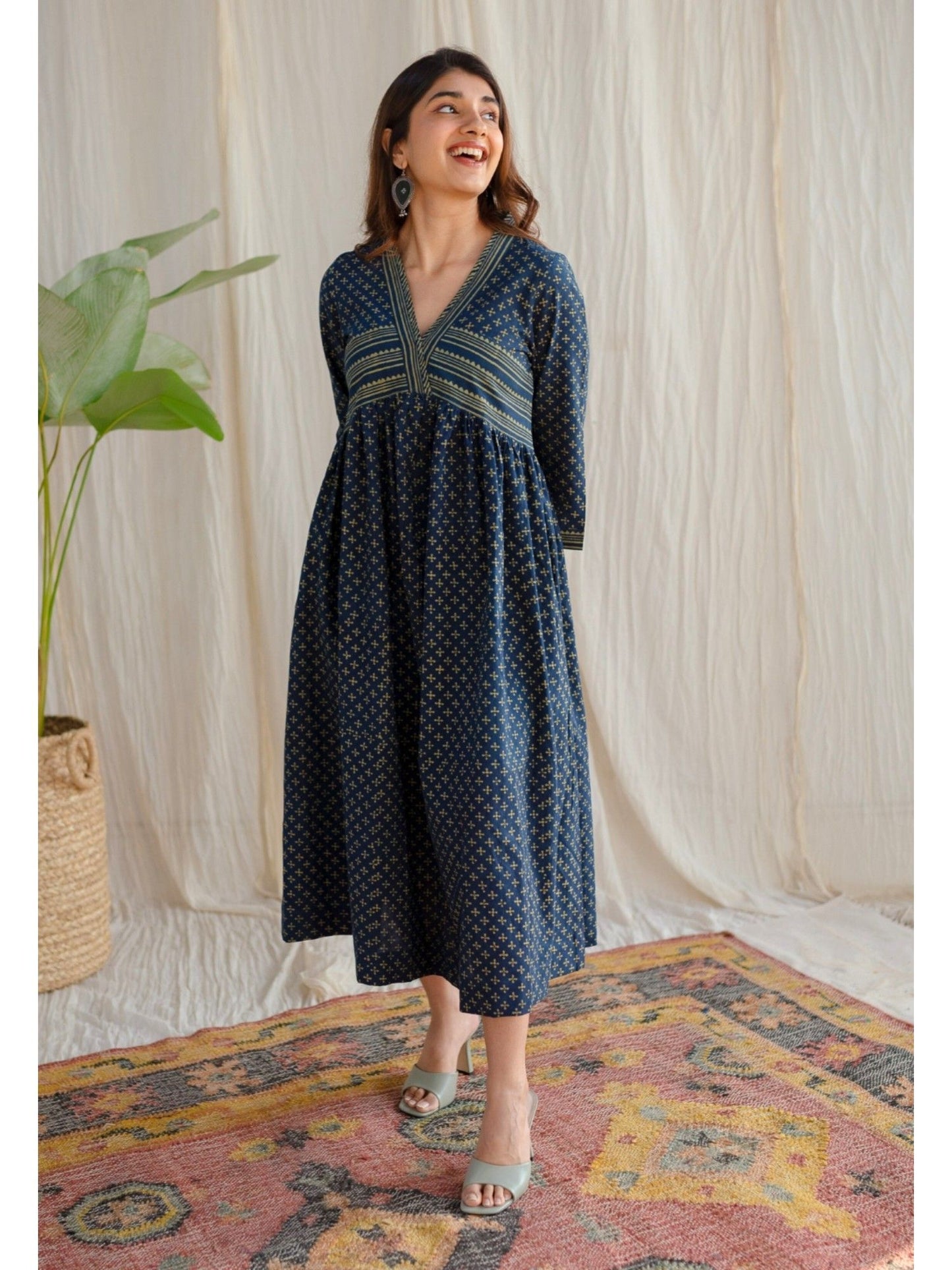 Indigo Ajrakh Cotton Midi Dress