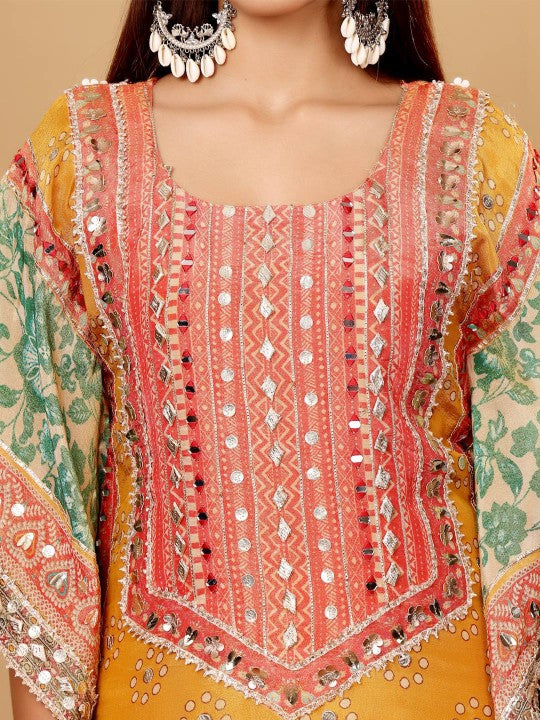 Varanga Floral Embroidered Gotta Patti Pure Silk Kaftan Kurta with Dhoti Pants