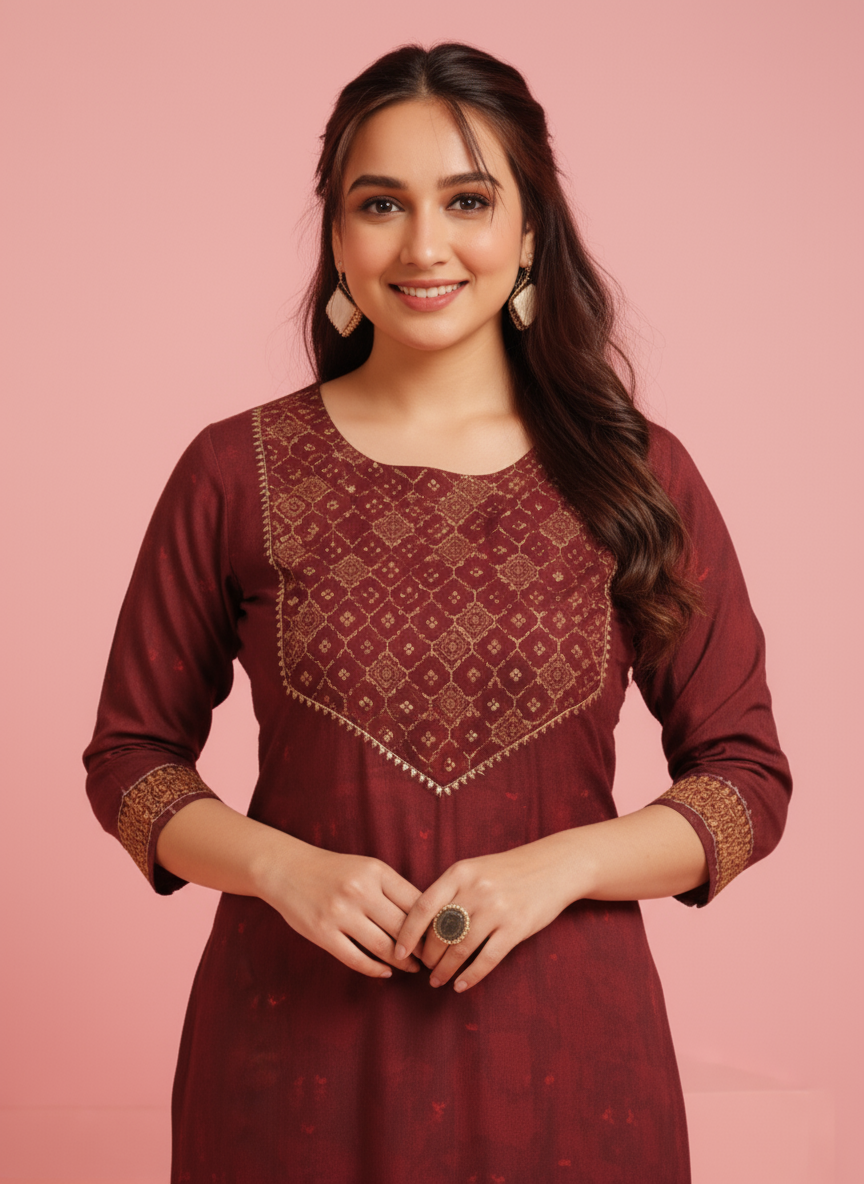 Viscose Floral Anarkali Maroon Kurta