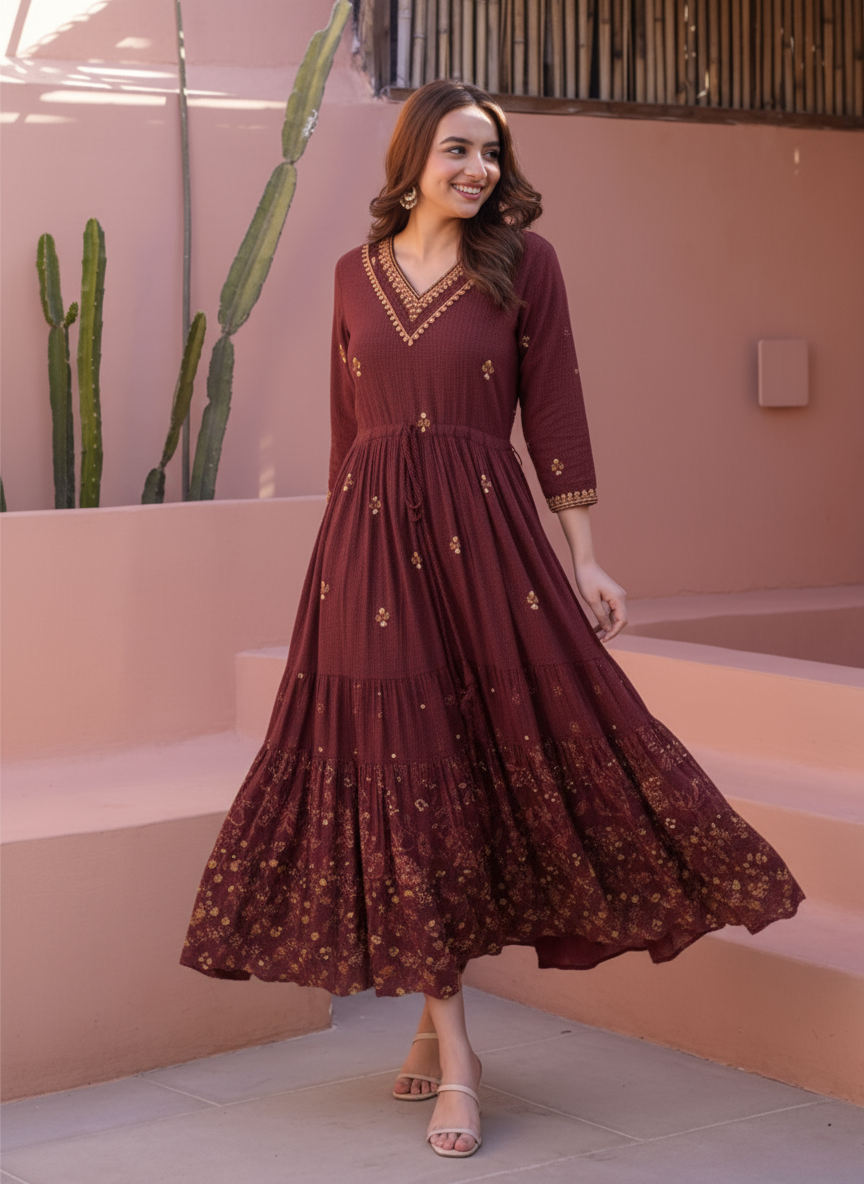 Viscose Floral Anarkali Wine Dress