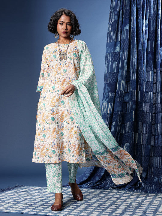 Taavi Bagru Floral Printed Pure Cotton Kurta with Trousers & Dupatta